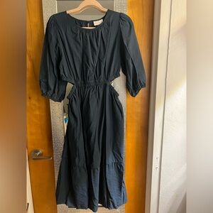 Ingrid & Isabel Navy Midi Dress with Puff Sleeves and Waist Cutouts